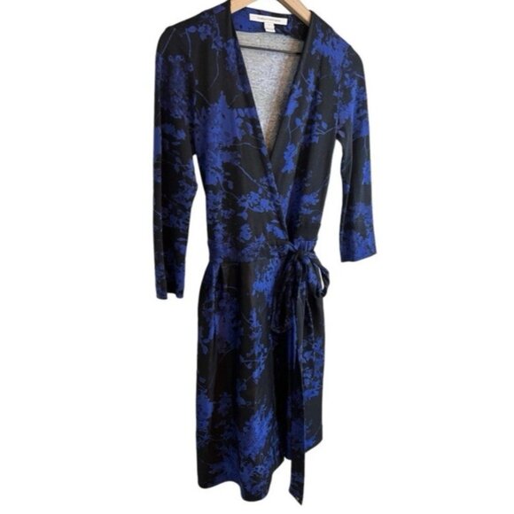 DVF Diane Von Furstenberg Valerie Wrap Dress 6 Small Blue Black Wool Silk Cotton - Picture 12 of 16